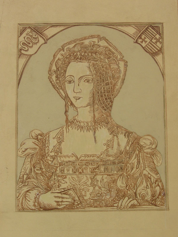 Szkic portretu kobiety w renesansowym stroju, z heraldycznymi symbolami w rogach, wykonany brązową farbą na jasnym tle.